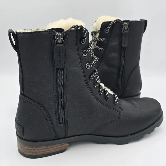 Sorel Emelie Short Lace-Up Cozy Waterproof Leather Boots, Women's 9, Black