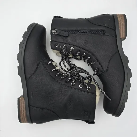 Sorel Emelie Short Lace-Up Cozy Waterproof Leather Boots, Women's 9, Black