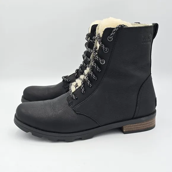 Sorel Emelie Short Lace-Up Cozy Waterproof Leather Boots, Women's 9, Black