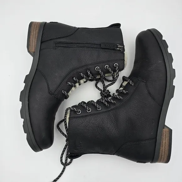 Sorel Emelie Short Lace-Up Cozy Waterproof Leather Boots, Women's 9, Black