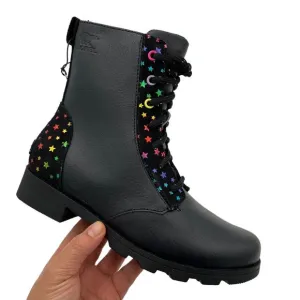 Sorel Emelie Youth Girls Leather Combat Boot Size 5 Black Waterproof Arch Suppor