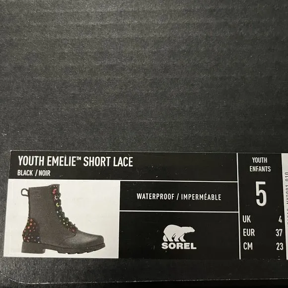Sorel Emelie Youth Girls Leather Combat Boot Size 5 Black Waterproof Arch Suppor