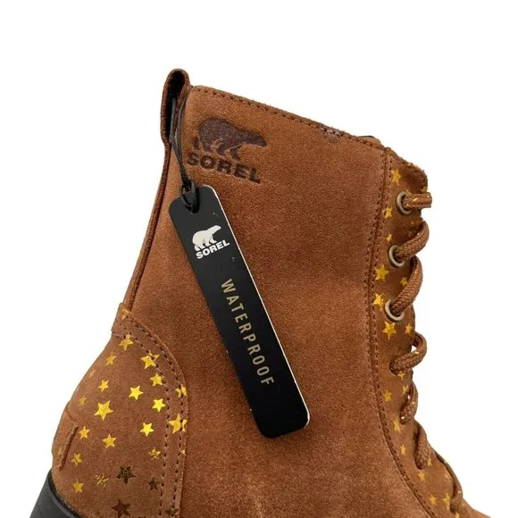 Sorel Emelie Youth Girls Leather Combat Boot Size 5 Brown Waterproof Arch Suppor