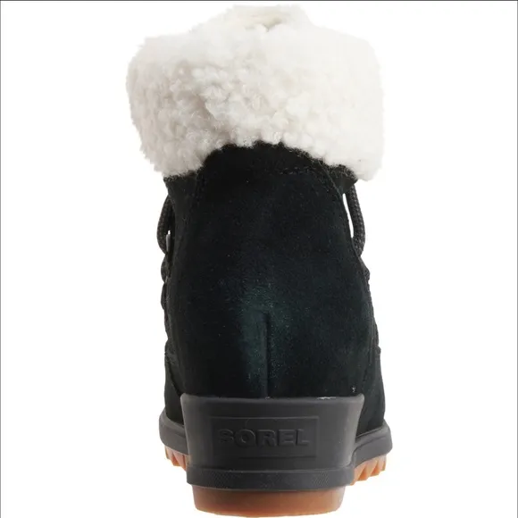Sorel Evie Cozy Lace Black Waterproof Suede Faux Shearling Wedge Boots 8.5 NEW