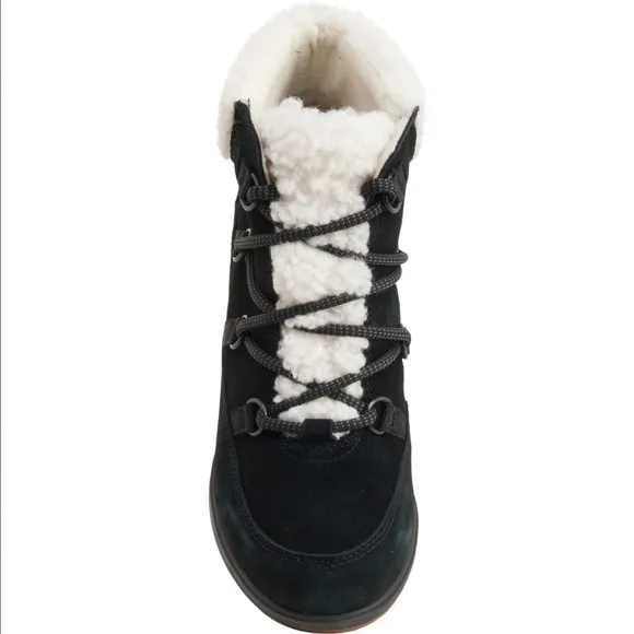 Sorel Evie Cozy Lace Black Waterproof Suede Faux Shearling Wedge Boots 8.5 NEW