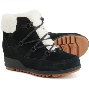 Sorel Evie Cozy Lace Black Waterproof Suede Faux Shearling Wedge Boots 8.5 NEW