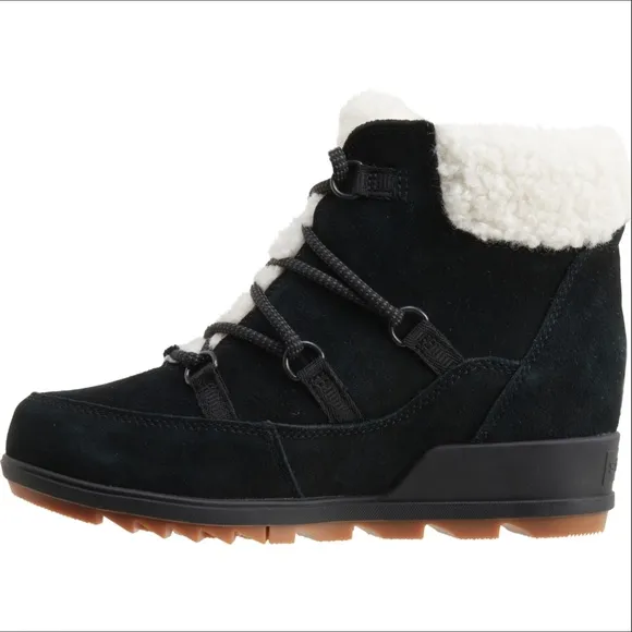 Sorel Evie Cozy Lace Black Waterproof Suede Faux Shearling Wedge Boots 8.5 NEW