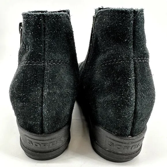 Sorel Evie Zip Ankle Boots Wedge Waterproof Suede Leather Round Toe Black 7.5
