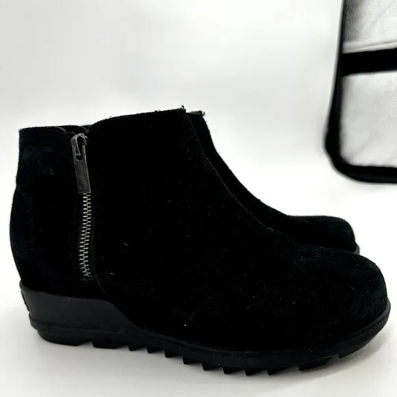 Sorel Evie Zip Ankle Boots Wedge Waterproof Suede Leather Round Toe Black 7.5