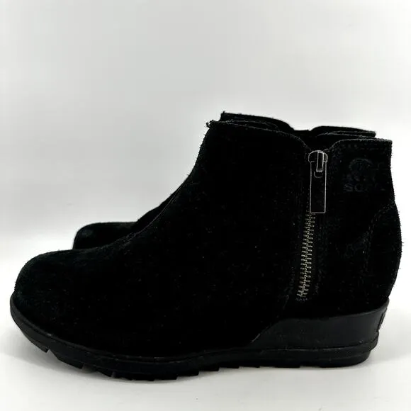 Sorel Evie Zip Ankle Boots Wedge Waterproof Suede Leather Round Toe Black 7.5