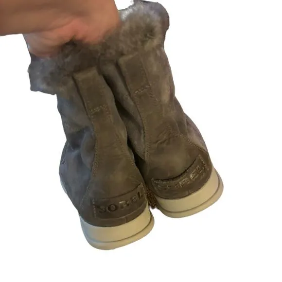 Sorel Explorer Joan Snow Boots Gray Suede Faux Fur Lined Women’s 9