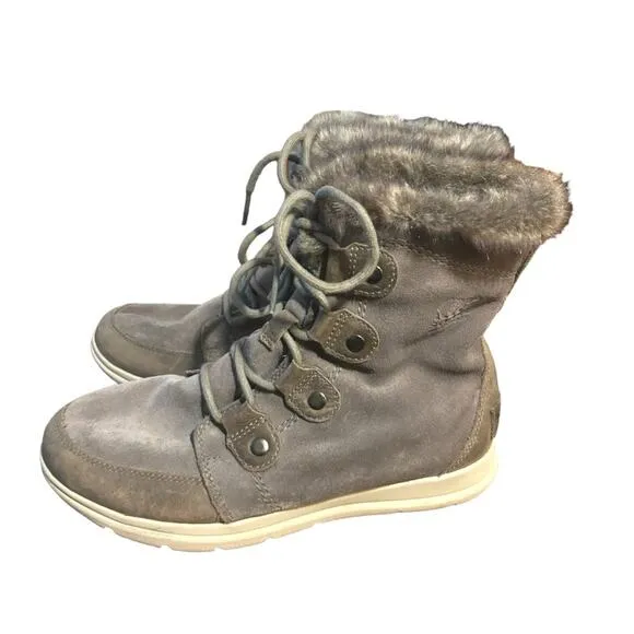 Sorel Explorer Joan Snow Boots Gray Suede Faux Fur Lined Women’s 9