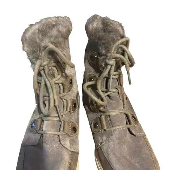Sorel Explorer Joan Snow Boots Gray Suede Faux Fur Lined Women’s 9