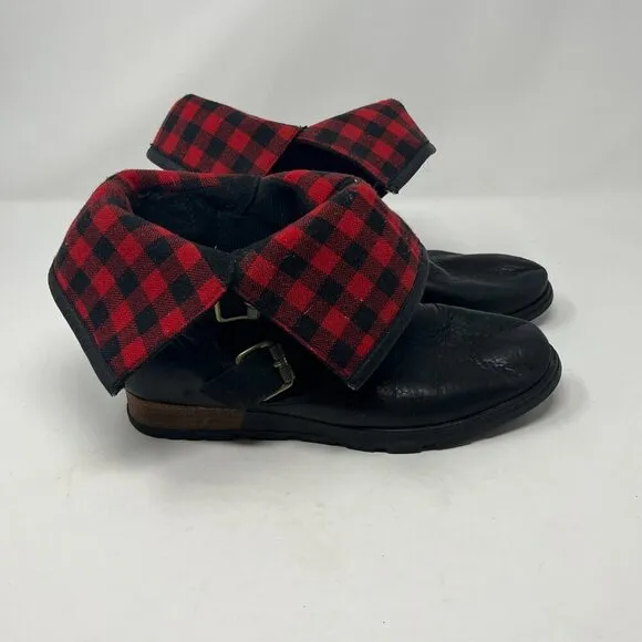 Sorel foldover Major Moto boots 10 red plaid black leather