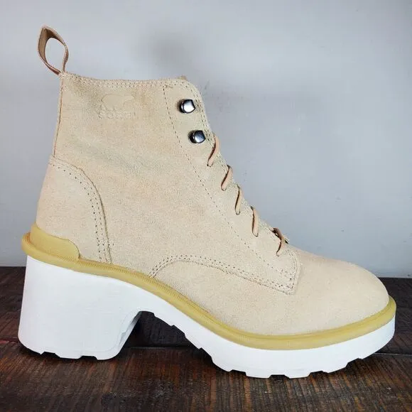 Sorel Hi Line Heeled Womens Size 8 Waterproof Lace Up Boots Suede Cream White