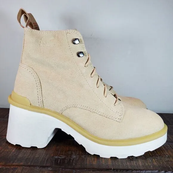Sorel Hi Line Heeled Womens Size 8 Waterproof Lace Up Boots Suede Cream White