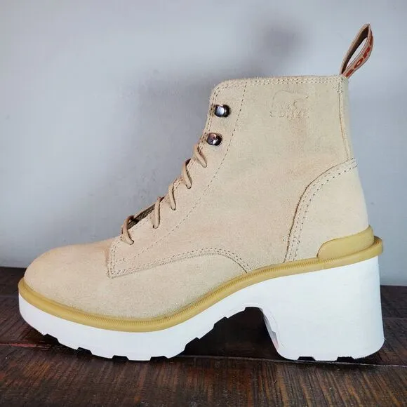 Sorel Hi Line Heeled Womens Size 8 Waterproof Lace Up Boots Suede Cream White