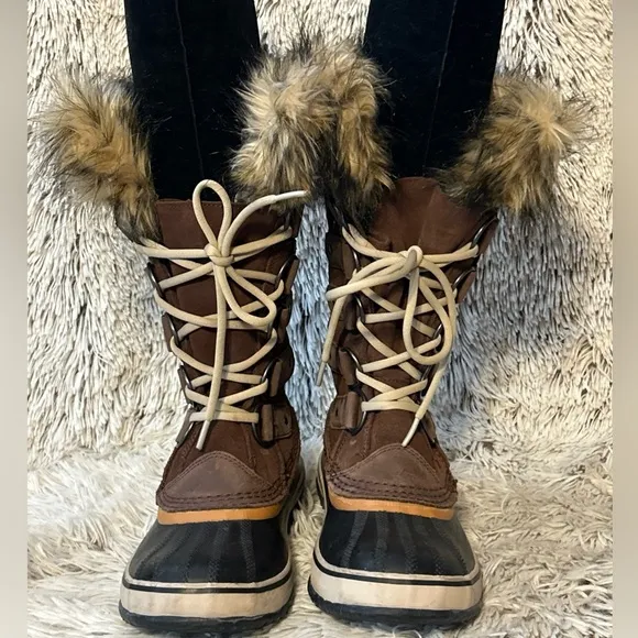 Sorel Joan of Arctic Tall Winter Snow Boots Faux Fur Brown Waterproof Size 8