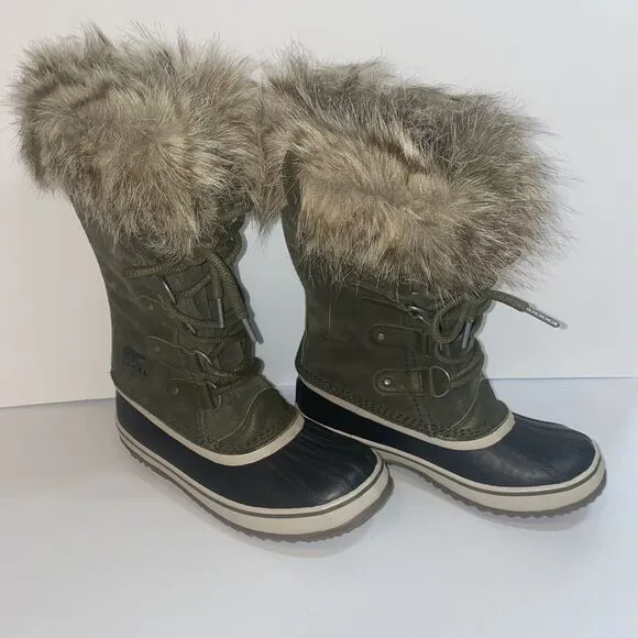 Sorel Joan Of Arctic Waterproof Faux Fur Boots Green/Black NL2429-383 Women Sz 7