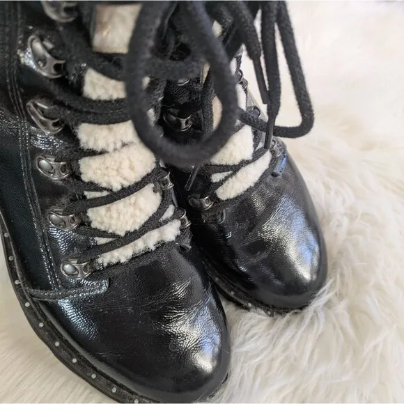Sorel Lennox Black Patent Lace-Up Combat Lug Boots Booties Size 9