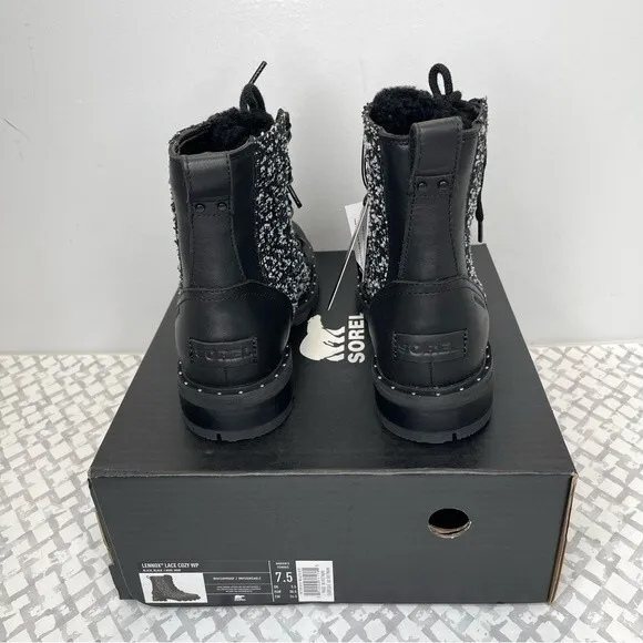 SOREL Lennox Genuine Shearling Waterproof Lace-Up Boot, Black/White, size 7.5