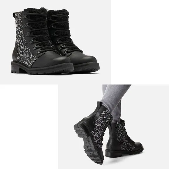 SOREL Lennox Genuine Shearling Waterproof Lace-Up Boot, Black/White, size 7.5