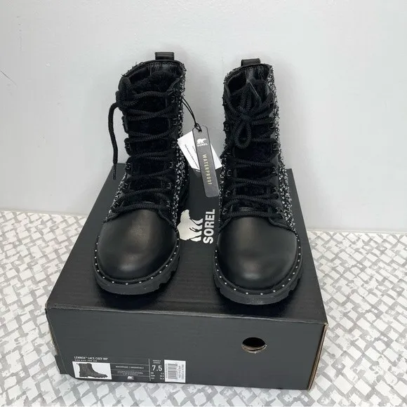 SOREL Lennox Genuine Shearling Waterproof Lace-Up Boot, Black/White, size 7.5