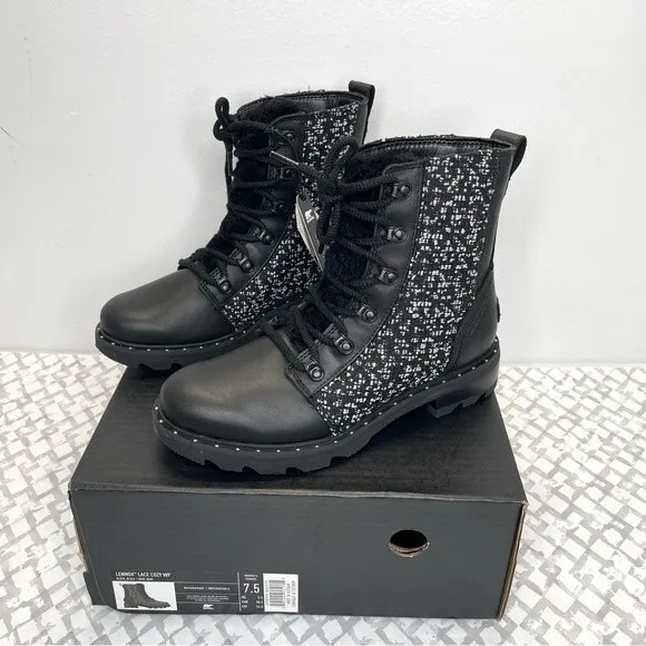 SOREL Lennox Genuine Shearling Waterproof Lace-Up Boot, Black/White, size 7.5