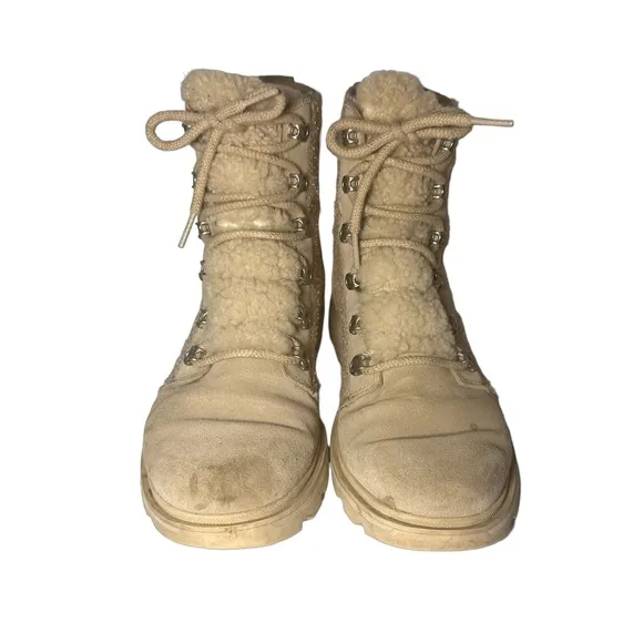 Sorel LENNOX™ Lace Cozy Booties Beige Winter Ankle Boots Biker Waterproof Size 9