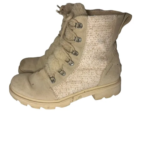 Sorel LENNOX™ Lace Cozy Booties Beige Winter Ankle Boots Biker Waterproof Size 9