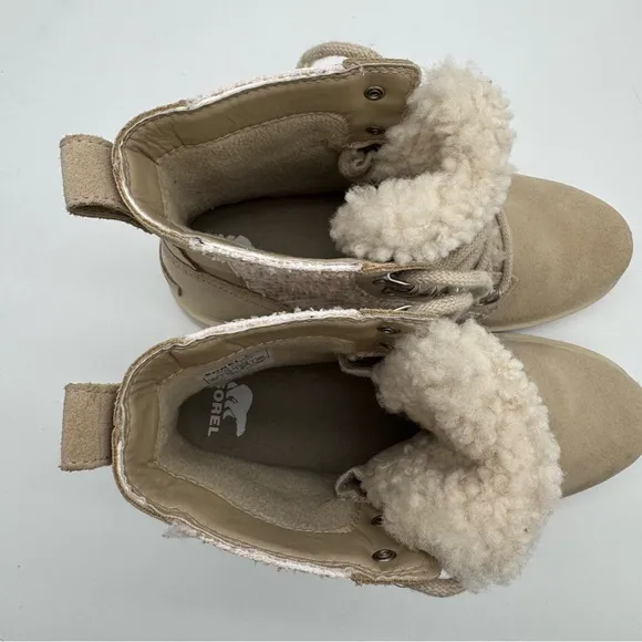 Sorel Lennox Lace Cozy Waterproof Cream/Tan Leather Sherpa Tongue Boots Size 8.5