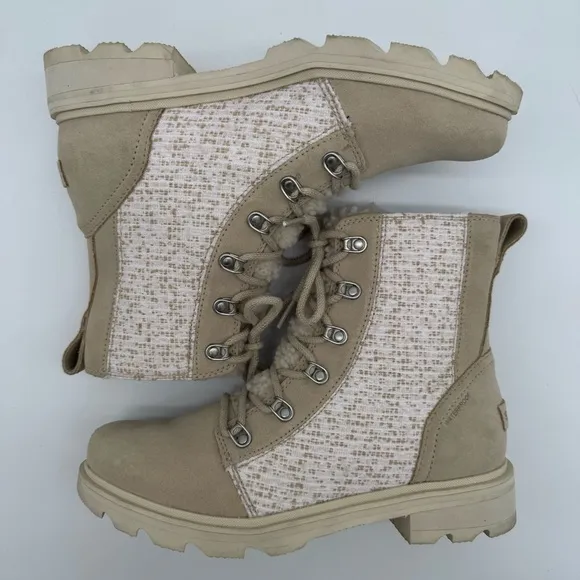 Sorel Lennox Lace Cozy Waterproof Cream/Tan Leather Sherpa Tongue Boots Size 8.5