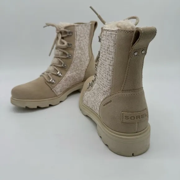 Sorel Lennox Lace Cozy Waterproof Cream/Tan Leather Sherpa Tongue Boots Size 8.5