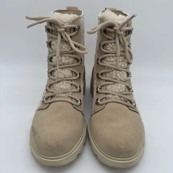 Sorel Lennox Lace Cozy Waterproof Cream/Tan Leather Sherpa Tongue Boots Size 8.5