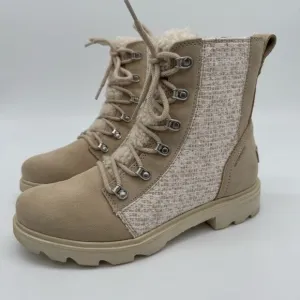 Sorel Lennox Lace Cozy Waterproof Cream/Tan Leather Sherpa Tongue Boots Size 8.5