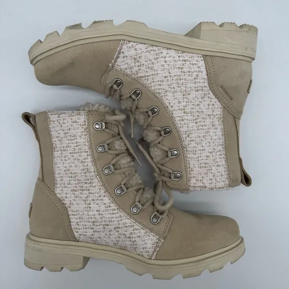 Sorel Lennox Lace Cozy Waterproof Cream/Tan Leather Sherpa Tongue Boots Size 8.5