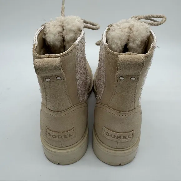 Sorel Lennox Lace Cozy Waterproof Cream/Tan Leather Sherpa Tongue Boots Size 8.5
