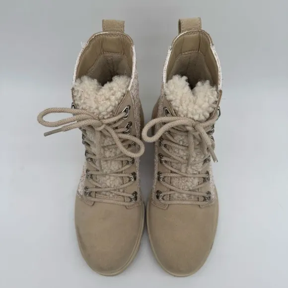 Sorel Lennox Lace Cozy Waterproof Cream/Tan Leather Sherpa Tongue Boots Size 8.5