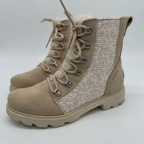 Sorel Lennox Lace Cozy Waterproof Cream/Tan Leather Sherpa Tongue Boots Size 8.5