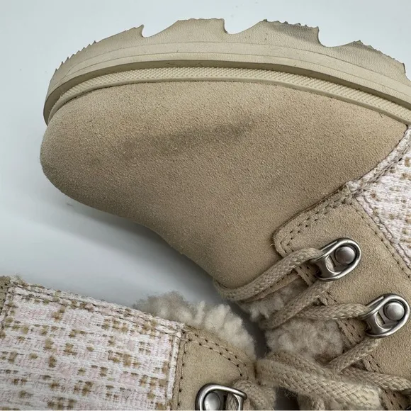 Sorel Lennox Lace Cozy Waterproof Cream/Tan Leather Sherpa Tongue Boots Size 8.5