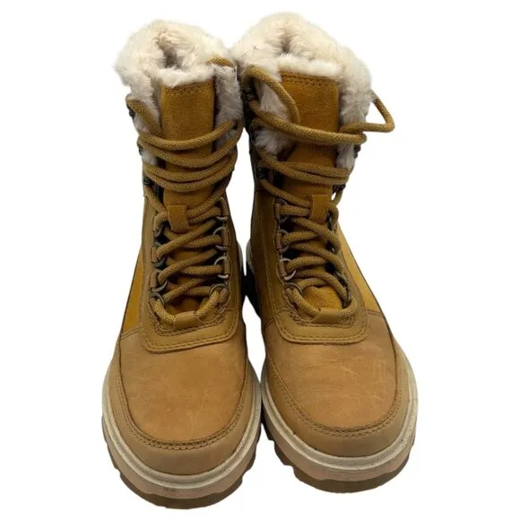 SOREL Lennox Lace Up Cozy Faux Fur Waterproof Boot 5.5 Combat Heeled Tan Cream