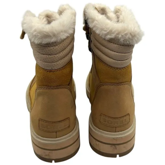 SOREL Lennox Lace Up Cozy Faux Fur Waterproof Boot 5.5 Combat Heeled Tan Cream