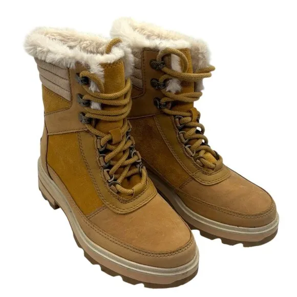 SOREL Lennox Lace Up Cozy Faux Fur Waterproof Boot 5.5 Combat Heeled Tan Cream