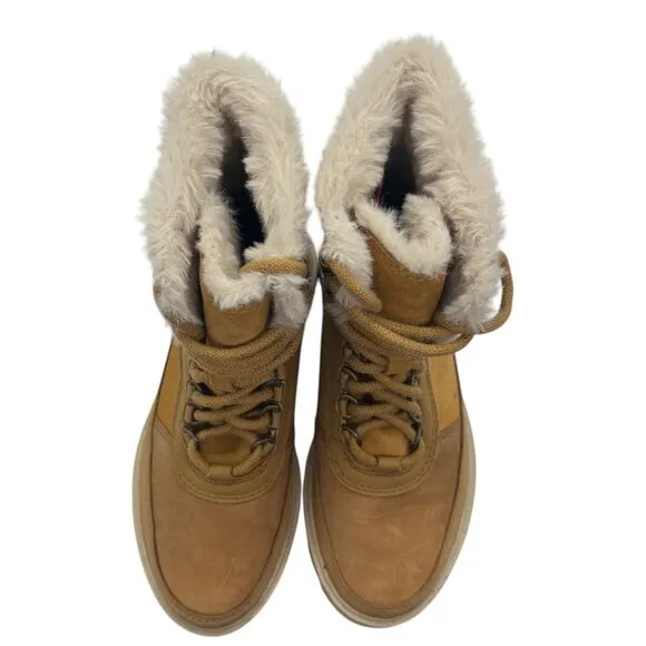 SOREL Lennox Lace Up Cozy Faux Fur Waterproof Boot 5.5 Combat Heeled Tan Cream
