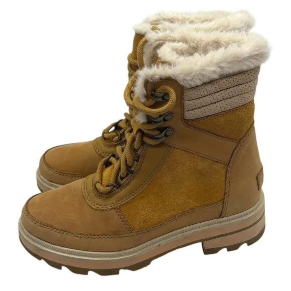 SOREL Lennox Lace Up Cozy Faux Fur Waterproof Boot 5.5 Combat Heeled Tan Cream