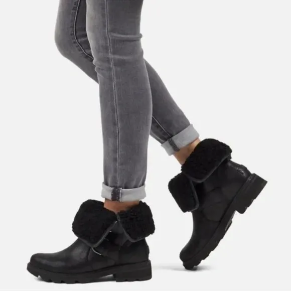 Sorel Lennox Moto Cozy Shearling Lined Boots Black Sz 7.5