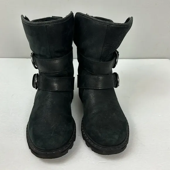 Sorel Lennox Moto Cozy Shearling Lined Boots Black Sz 7.5