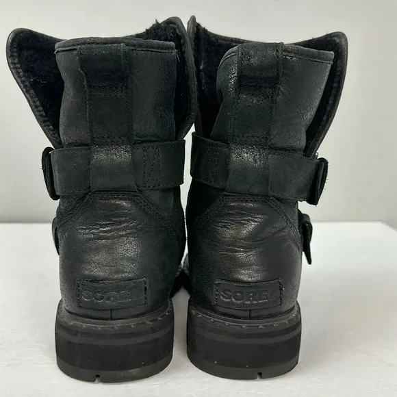 Sorel Lennox Moto Cozy Shearling Lined Boots Black Sz 7.5