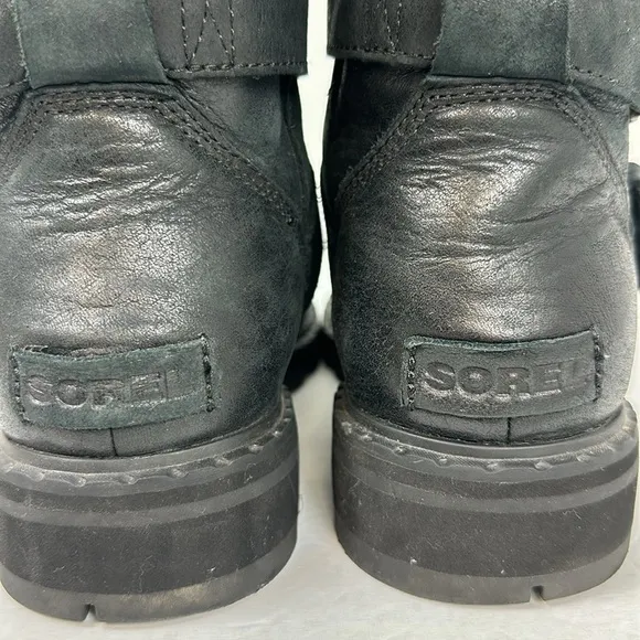 Sorel Lennox Moto Cozy Shearling Lined Boots Black Sz 7.5