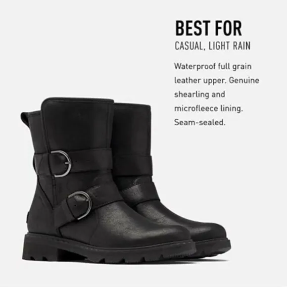 Sorel Lennox Moto Cozy Shearling Lined Boots Black Sz 7.5